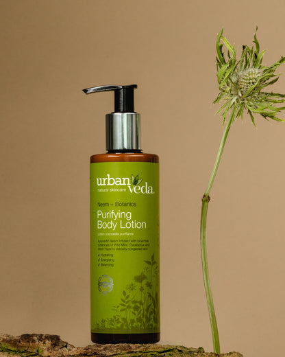 Neem and tea tree body lotion ingredients for oily skin – purifying and antibacterial botanical blend - Urban Veda