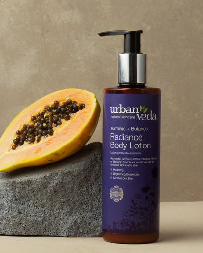 Turmeric, papaya and liquorice extracts in brightening body lotion - urban veda