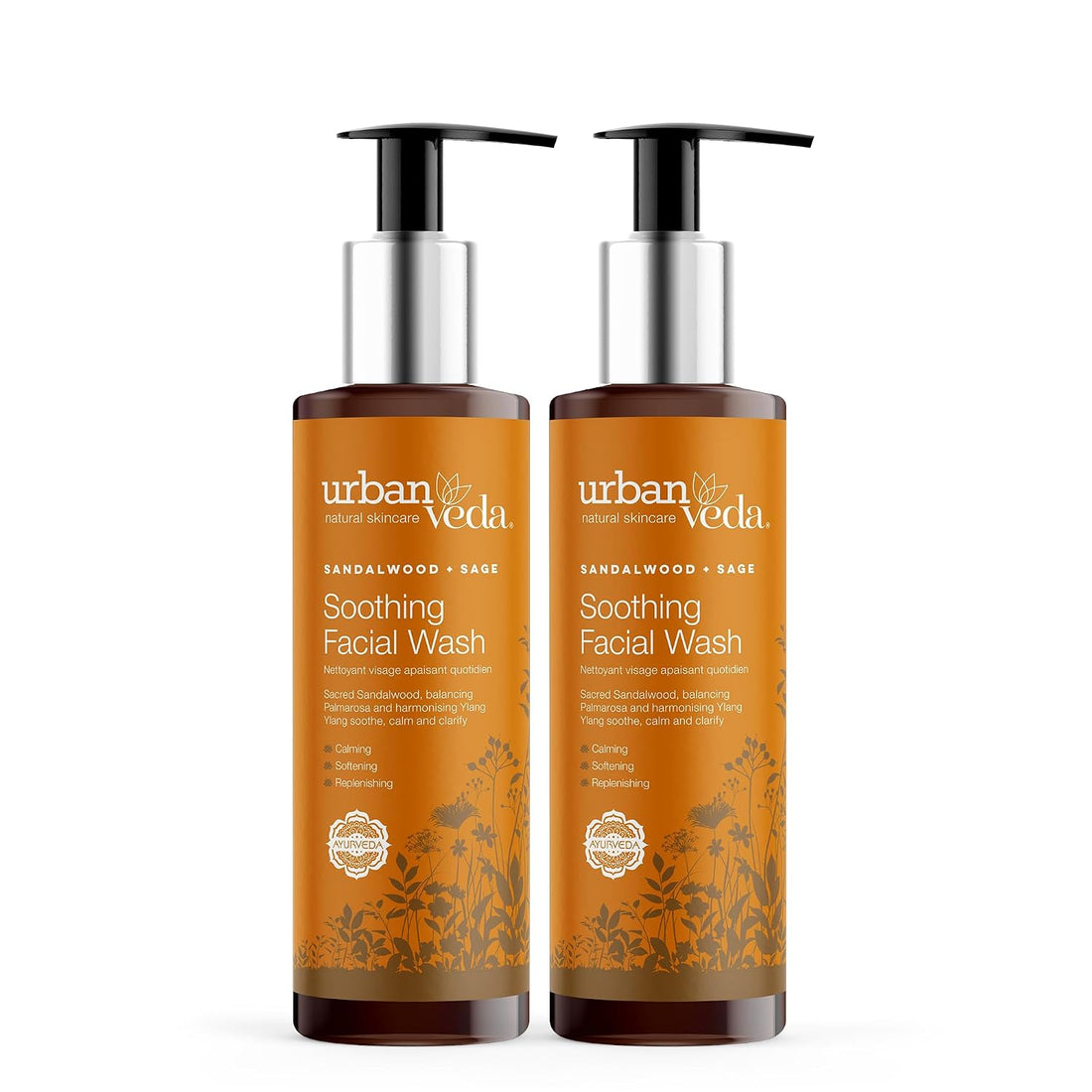 Urban Veda Soothing Facial Wash | Daily Gentle Facial Cleanser for Women | Hydrating &amp; Moisturizing | Vegan &amp; Cruelty Free | For All Skin Types | 2 x 5.01 Fl Oz