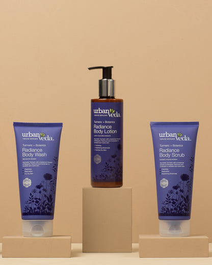 Radiance Ayurvedic Body Trio - Best skin firming lotion, best body exfoliating scrub, best body wash for women