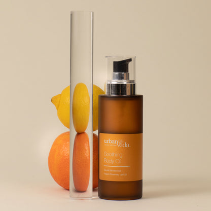 aromatherapy body oil, after shower body oil - urban veda soothing oil, with a reflection of lemon and Orange